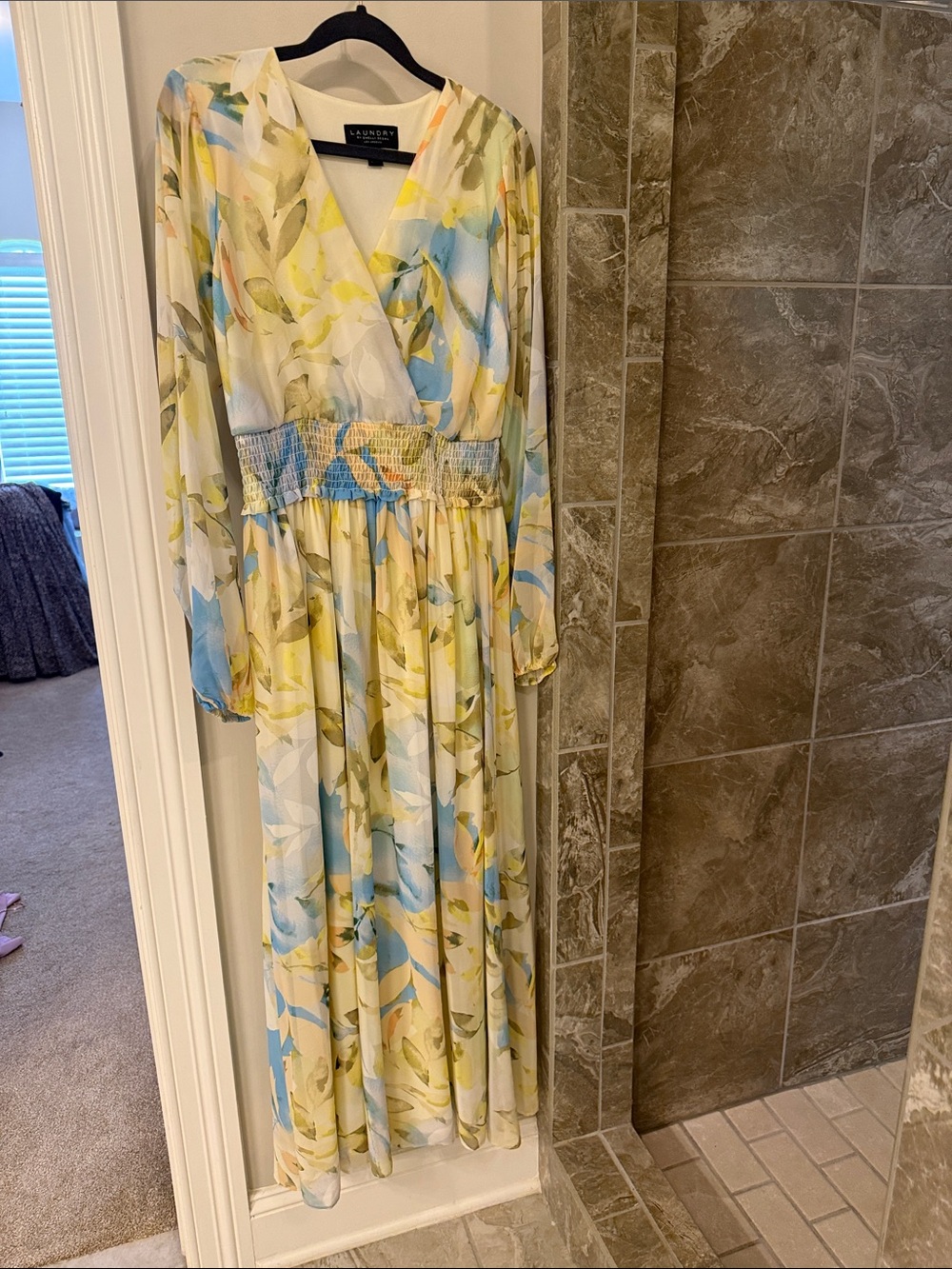 Laundry By Shelli Segal Yellow Blue Floral Long Sleeve Maxi Dress